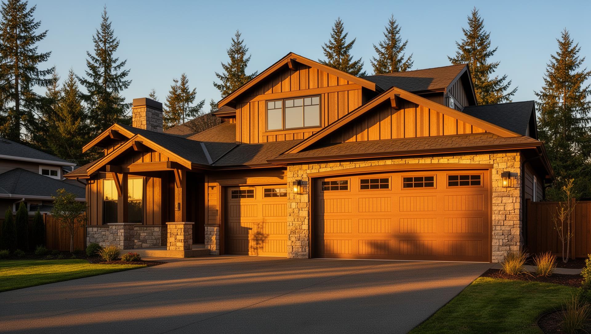 Beautiful Pacific Northwest home with Tuscan-inspired garage doors and stone surround